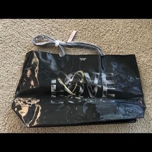 Victoria's Secret Black Glossy Tote Bag with Ribbon Detail